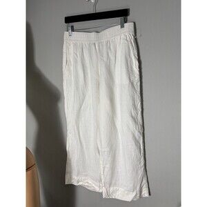 Tahari White Linen Wide Leg Pants Elastic Waist Pockets Minimalist Sz L
